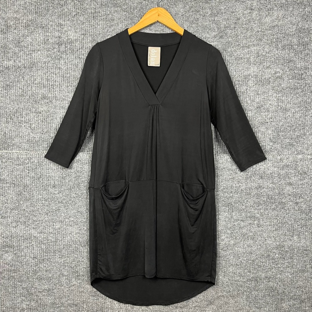 Dolan Shift Dress Womens XSP Cupro V-Neck 3/4 Sleeve Pockets Scandi Girl Lagom